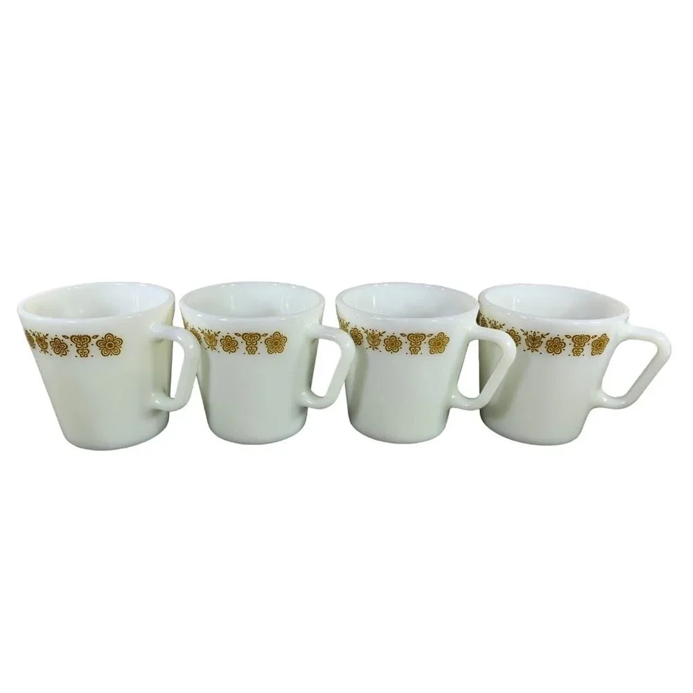 Vintage Pyrex Butterfly Gold Coffee Mugs Corning D-Handle Milk Glass Cups 4 pcs - Picture 1 of 8